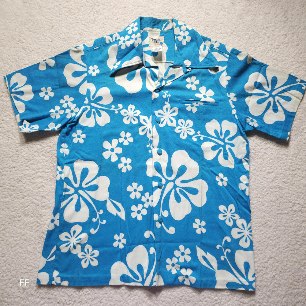 Pacific Isle Hawaiian Shirt Mens L Turquoise White Floral 100% Cotton Camp